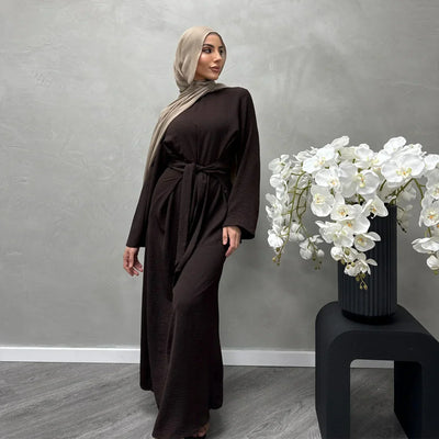 LM064 Summer 2025 Tie-Waist Abaya Dress Crepe Jazz One-Piece Modest Essential Lightweight Daily Hijab Outfit - LM064-Dark Coffee-S (52) LumosModesty