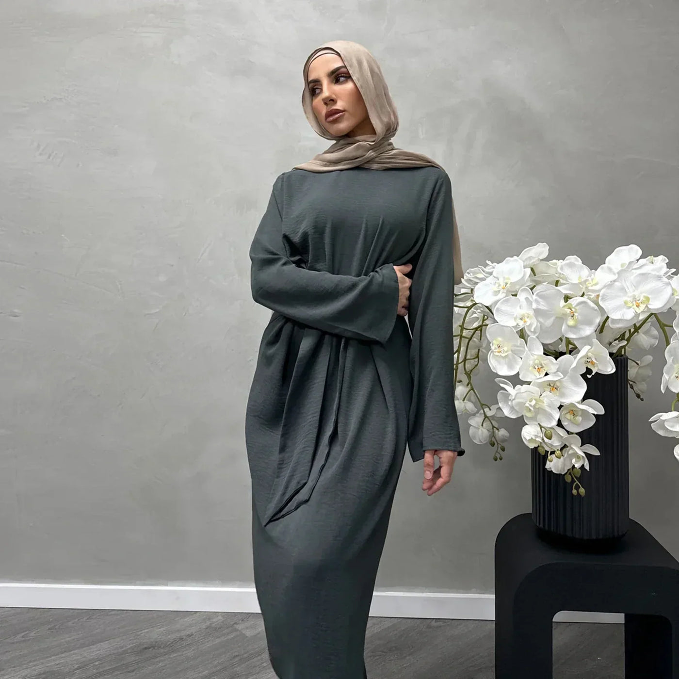 LM064 Summer 2025 Tie-Waist Abaya Dress Crepe Jazz One-Piece Modest Essential Lightweight Daily Hijab Outfit - LM064-Dark Coffee-S (52) LumosModesty
