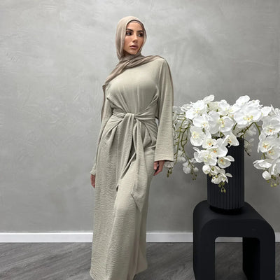 LM064 Summer 2025 Tie-Waist Abaya Dress Crepe Jazz One-Piece Modest Essential Lightweight Daily Hijab Outfit - LM064-Dark Coffee-S (52) LumosModesty