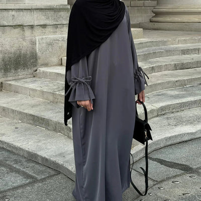 LM070 Nursing-Friendly Tie-Wrist Abaya | Flora Cuff | Soft Nidha Fabric - LM070-Black-S (52) LumosModesty