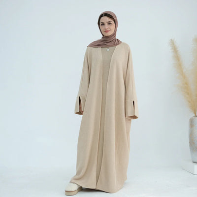 LM074 Warm Knitted Open Abaya Cardigan | Modest Winter Layering Piece with Open Front Design - LM074-Coffee-S (52) LumosModesty