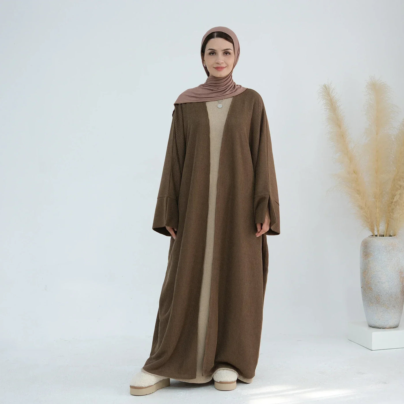 LM074 Warm Knitted Open Abaya Cardigan | Modest Winter Layering Piece with Open Front Design - LM074-Coffee-S (52) LumosModesty