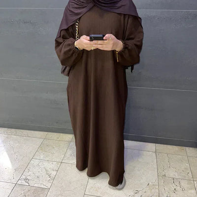 LM078 Corduroy Cuff Sleeves Abaya Dress | Modest Essential Winter Wear with Ribbed Detailing - LM078-Black-S (52) LumosModesty