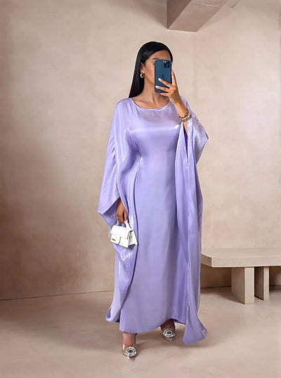 LM079 Plus Size Kaftan Abaya – Shiny Eid & Iftar Batwing Dress with Belt - LM079-Blue-ish Grey-1 LumosModesty