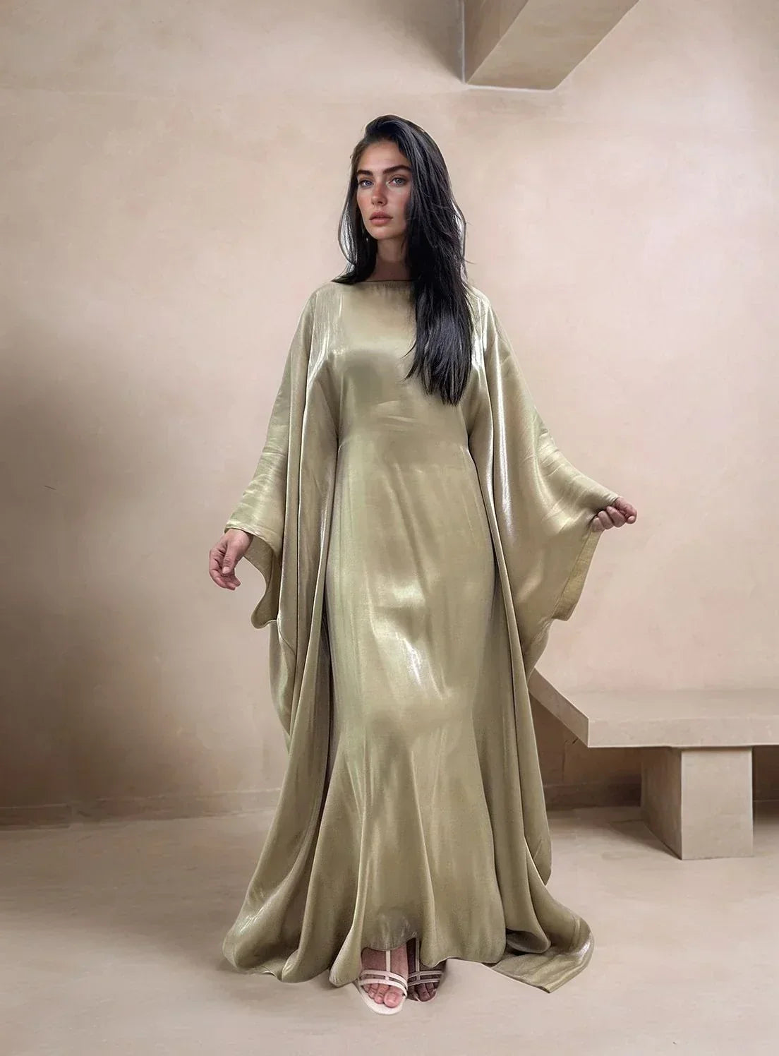 LM079 Plus Size Kaftan Abaya – Shiny Eid & Iftar Batwing Dress with Belt - LM079-Blue-ish Grey-1 LumosModesty