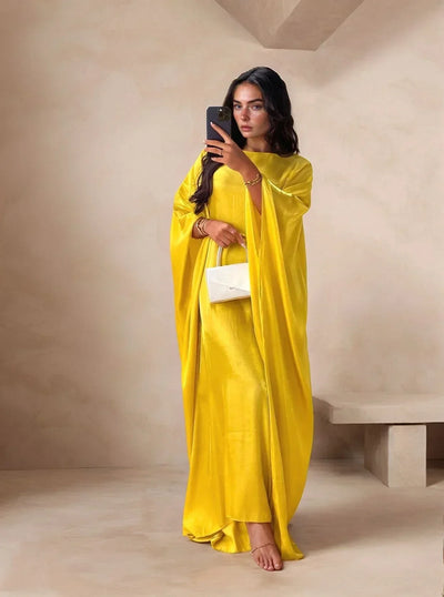 LM079 Plus Size Kaftan Abaya – Shiny Eid & Iftar Batwing Dress with Belt - LM079-Blue-ish Grey-1 LumosModesty