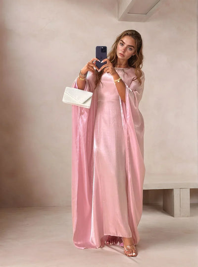 LM079 Plus Size Kaftan Abaya – Shiny Eid & Iftar Batwing Dress with Belt - LM079-Blue-ish Grey-1 LumosModesty