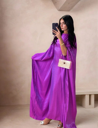 LM079 Plus Size Kaftan Abaya – Shiny Eid & Iftar Batwing Dress with Belt - LM079-Blue-ish Grey-1 LumosModesty