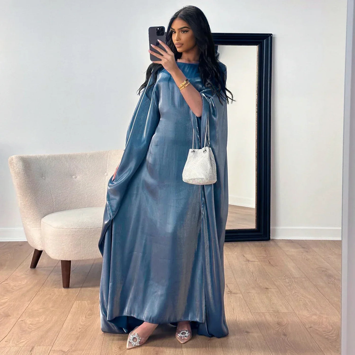 LM079 Plus Size Kaftan Abaya – Shiny Eid & Iftar Batwing Dress with Belt - LM079-Blue-ish Grey-1 LumosModesty