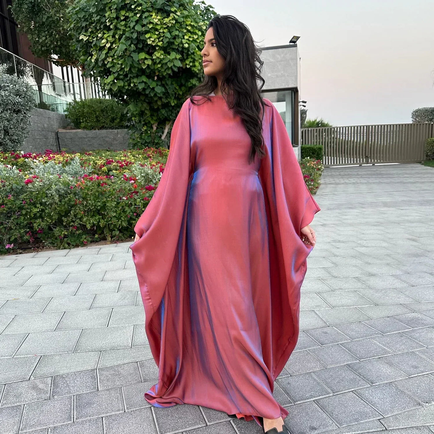 LM079 Plus Size Kaftan Abaya – Shiny Eid & Iftar Batwing Dress with Belt - LM079-Blue-ish Grey-1 LumosModesty