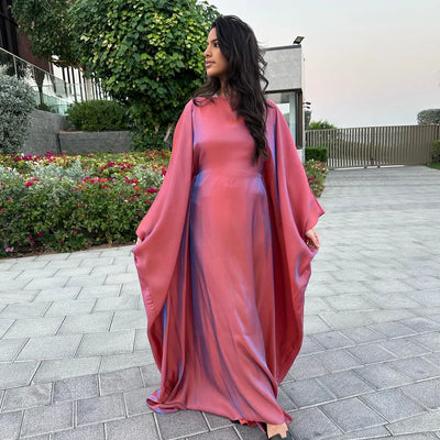 LM079 Plus Size Kaftan Abaya – Shiny Eid & Iftar Batwing Dress with Belt - LM079-Blue-ish Grey-1 LumosModesty