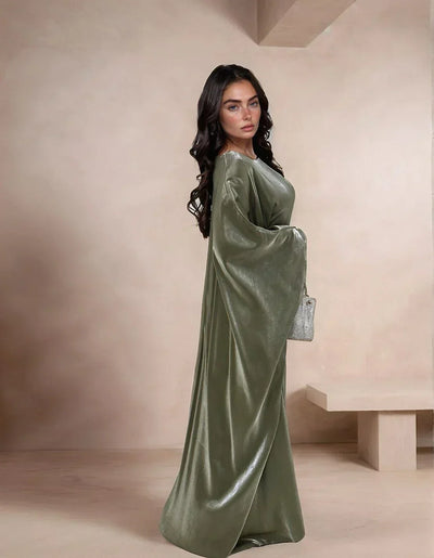 LM079 Plus Size Kaftan Abaya – Shiny Eid & Iftar Batwing Dress with Belt - LM079-Blue-ish Grey-1 LumosModesty