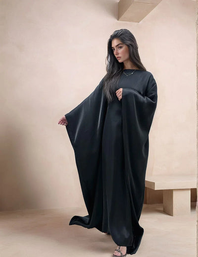 LM079 Plus Size Kaftan Abaya – Shiny Eid & Iftar Batwing Dress with Belt - LM079-Blue-ish Grey-1 LumosModesty