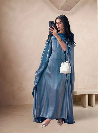 LM079 Plus Size Kaftan Abaya – Shiny Eid & Iftar Batwing Dress with Belt - LM079-Blue-ish Grey-1 LumosModesty