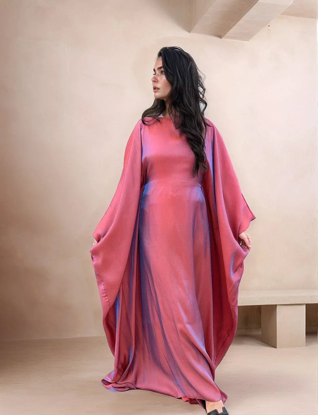 LM079 Plus Size Kaftan Abaya – Shiny Eid & Iftar Batwing Dress with Belt - LM079-Blue-ish Grey-1 LumosModesty