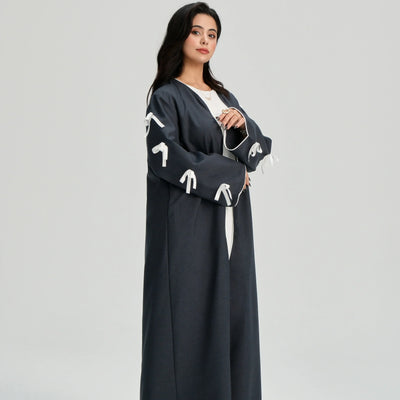 LM083 Bow Linen Abaya – Elegant Open Cardigan with Crochet & Ribbon Details - LM083-Stone-S (52) LumosModesty