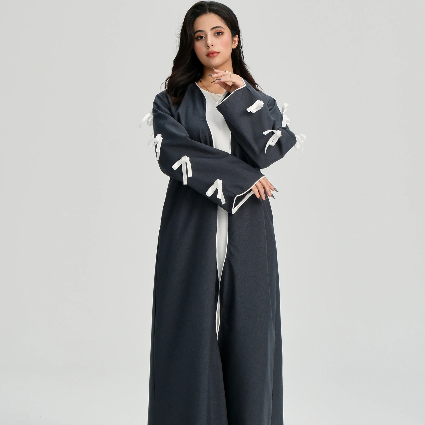 LM083 Bow Linen Abaya – Elegant Open Cardigan with Crochet & Ribbon Details - LM083-Stone-S (52) LumosModesty