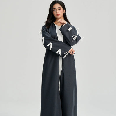 LM083 Bow Linen Abaya – Elegant Open Cardigan with Crochet & Ribbon Details - LM083-Stone-S (52) LumosModesty