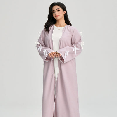LM083 Bow Linen Abaya – Elegant Open Cardigan with Crochet & Ribbon Details - LM083-Stone-S (52) LumosModesty