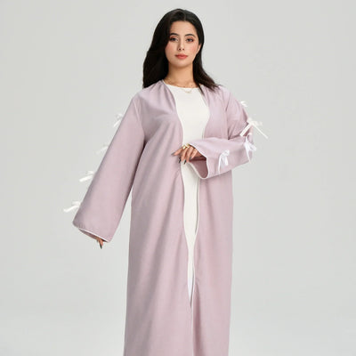 LM083 Bow Linen Abaya – Elegant Open Cardigan with Crochet & Ribbon Details - LM083-Stone-S (52) LumosModesty