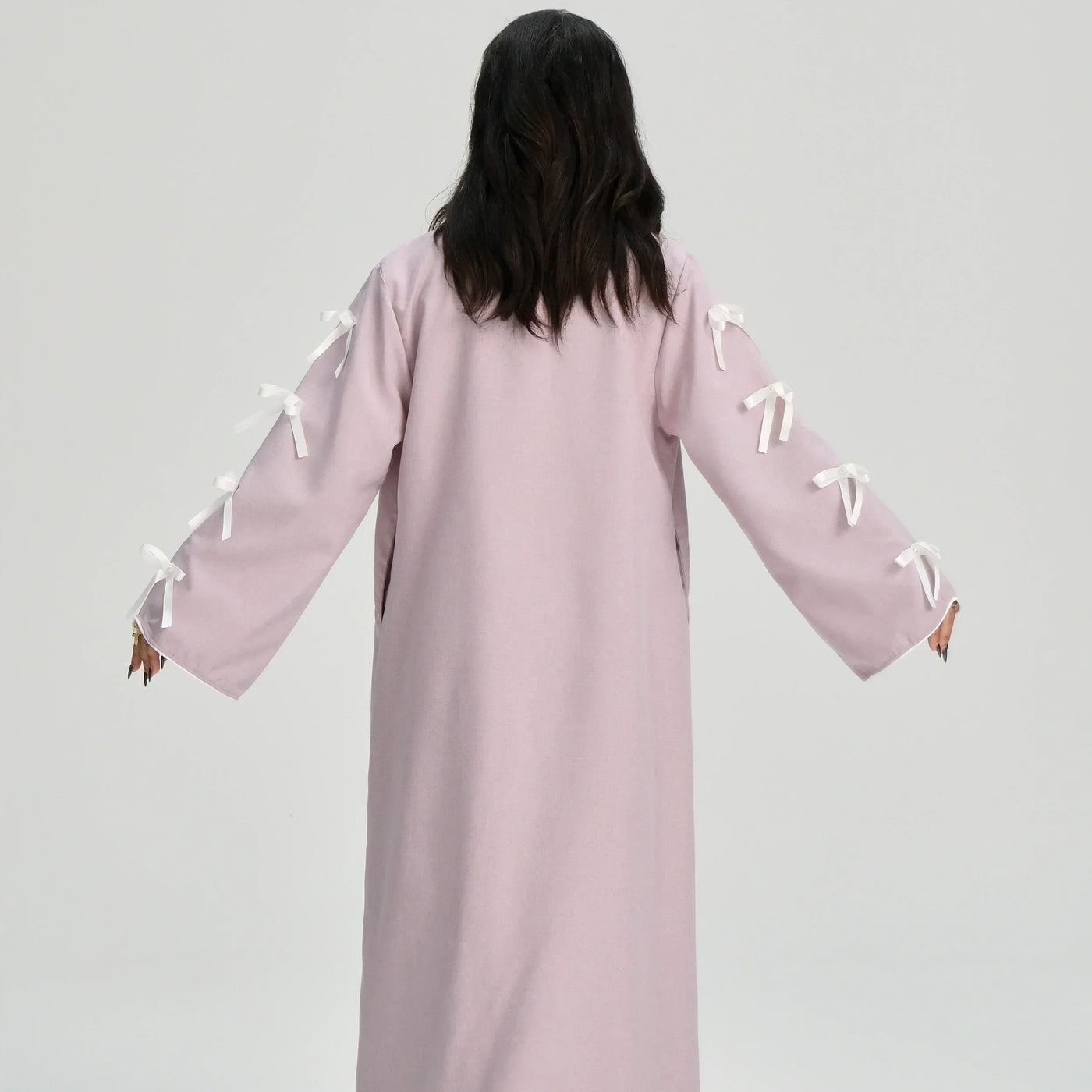 LM083 Bow Linen Abaya – Elegant Open Cardigan with Crochet & Ribbon Details - LM083-Stone-S (52) LumosModesty
