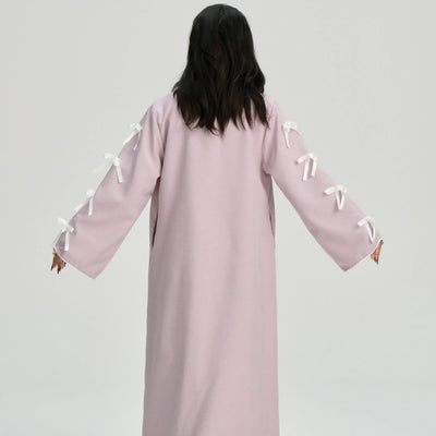 LM083 Bow Linen Abaya – Elegant Open Cardigan with Crochet & Ribbon Details - LM083-Stone-S (52) LumosModesty