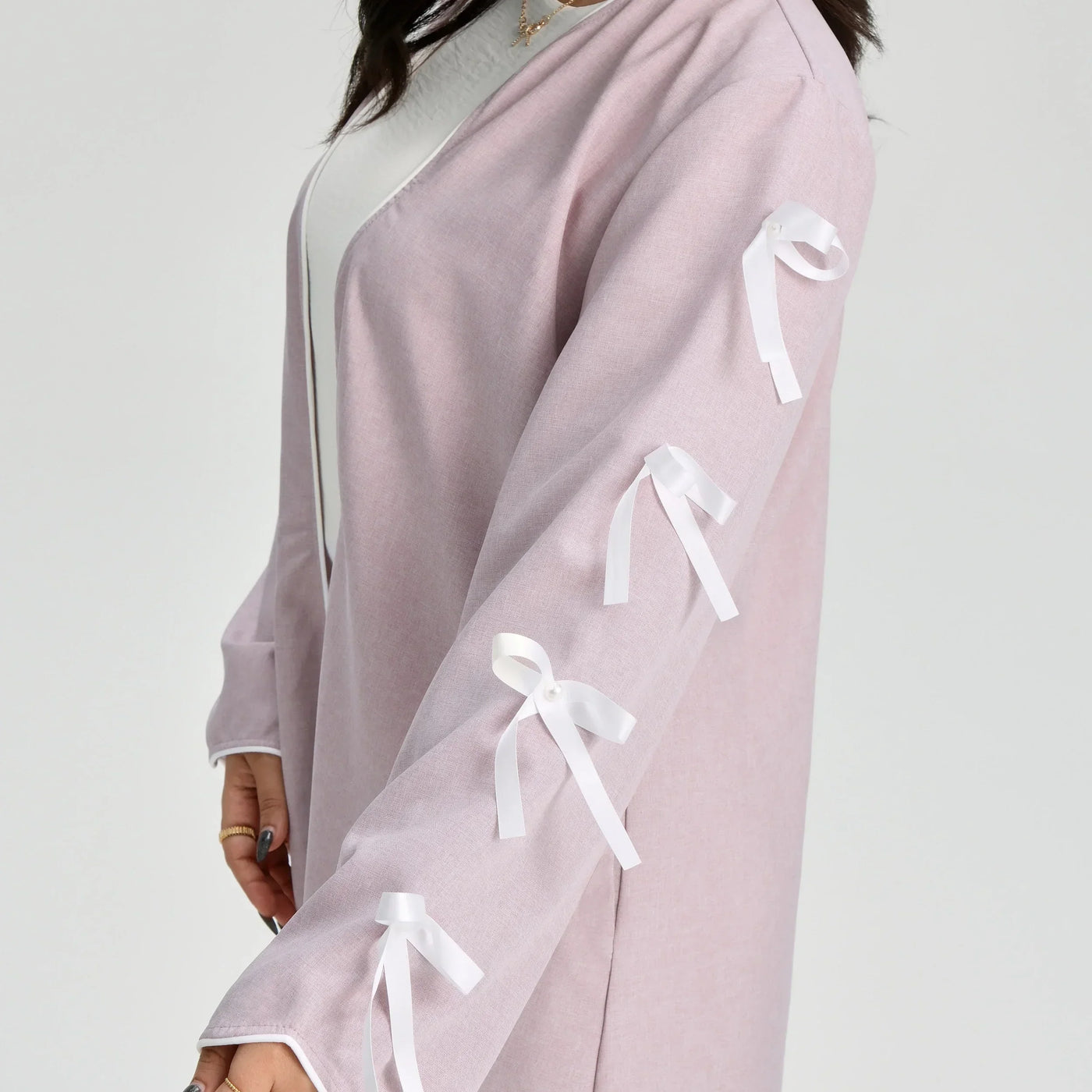 LM083 Bow Linen Abaya – Elegant Open Cardigan with Crochet & Ribbon Details - LM083-Stone-S (52) LumosModesty