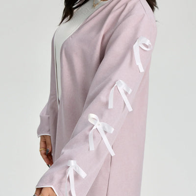 LM083 Bow Linen Abaya – Elegant Open Cardigan with Crochet & Ribbon Details - LM083-Stone-S (52) LumosModesty