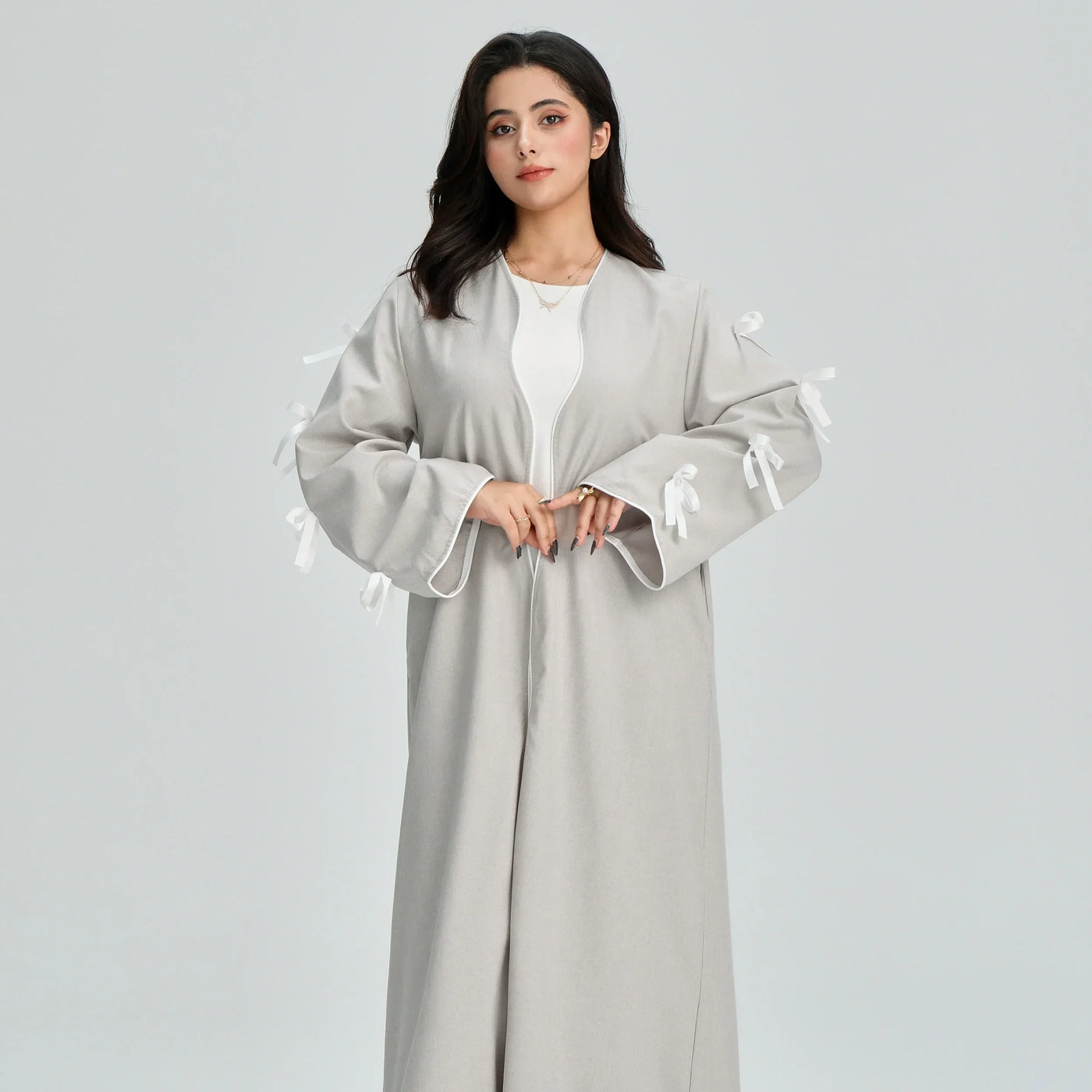 LM083 Bow Linen Abaya – Elegant Open Cardigan with Crochet & Ribbon Details - LM083-Stone-S (52) LumosModesty
