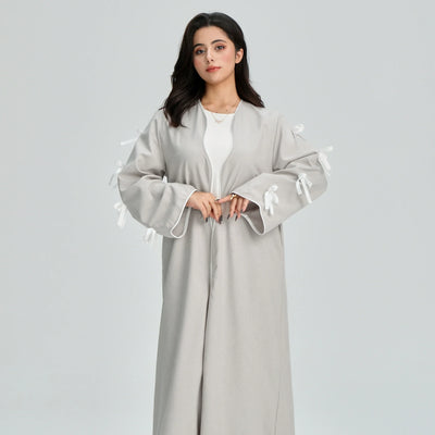 LM083 Bow Linen Abaya – Elegant Open Cardigan with Crochet & Ribbon Details - LM083-Stone-S (52) LumosModesty