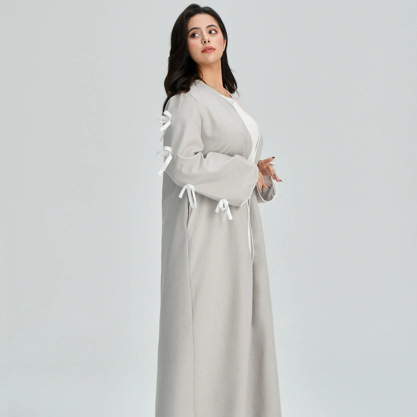 LM083 Bow Linen Abaya – Elegant Open Cardigan with Crochet & Ribbon Details - LM083-Stone-S (52) LumosModesty