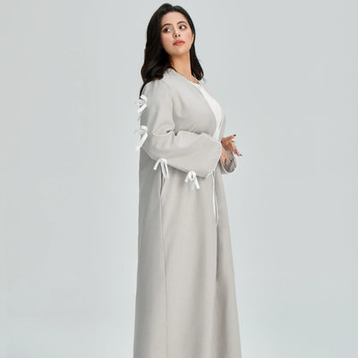 LM083 Bow Linen Abaya – Elegant Open Cardigan with Crochet & Ribbon Details - LM083-Stone-S (52) LumosModesty