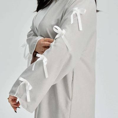 LM083 Bow Linen Abaya – Elegant Open Cardigan with Crochet & Ribbon Details - LM083-Stone-S (52) LumosModesty