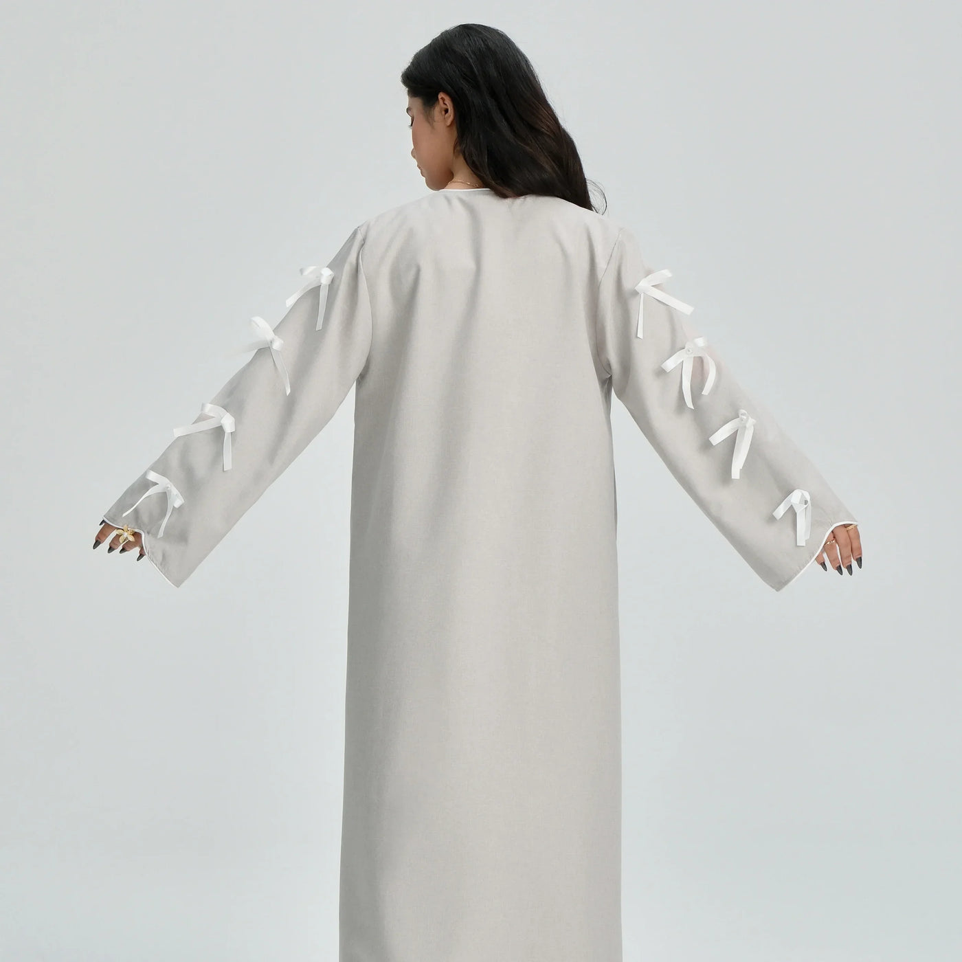 LM083 Bow Linen Abaya – Elegant Open Cardigan with Crochet & Ribbon Details - LM083-Stone-S (52) LumosModesty