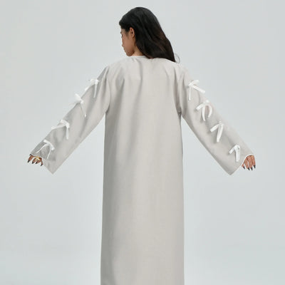LM083 Bow Linen Abaya – Elegant Open Cardigan with Crochet & Ribbon Details - LM083-Stone-S (52) LumosModesty