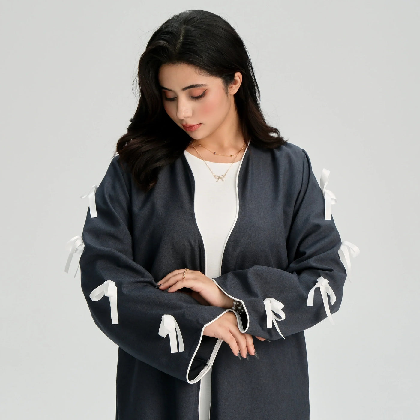 LM083 Bow Linen Abaya – Elegant Open Cardigan with Crochet & Ribbon Details - LM083-Stone-S (52) LumosModesty