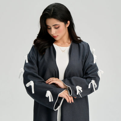 LM083 Bow Linen Abaya – Elegant Open Cardigan with Crochet & Ribbon Details - LM083-Stone-S (52) LumosModesty
