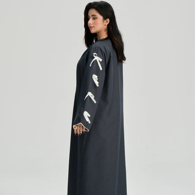 LM083 Bow Linen Abaya – Elegant Open Cardigan with Crochet & Ribbon Details - LM083-Stone-S (52) LumosModesty