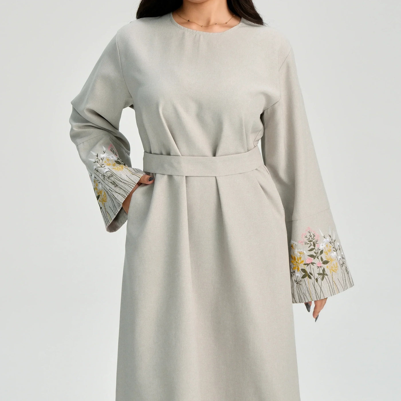 LM086 Floral Embroidery Ramadan Prayer Robe with Belt & Pockets | Modest Islamic Dress for Daily & Eid Wear - LM-Pink-S (52) LumosModesty