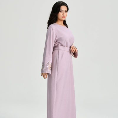 LM086 Floral Embroidery Ramadan Prayer Robe with Belt & Pockets | Modest Islamic Dress for Daily & Eid Wear - LM-Pink-S (52) LumosModesty