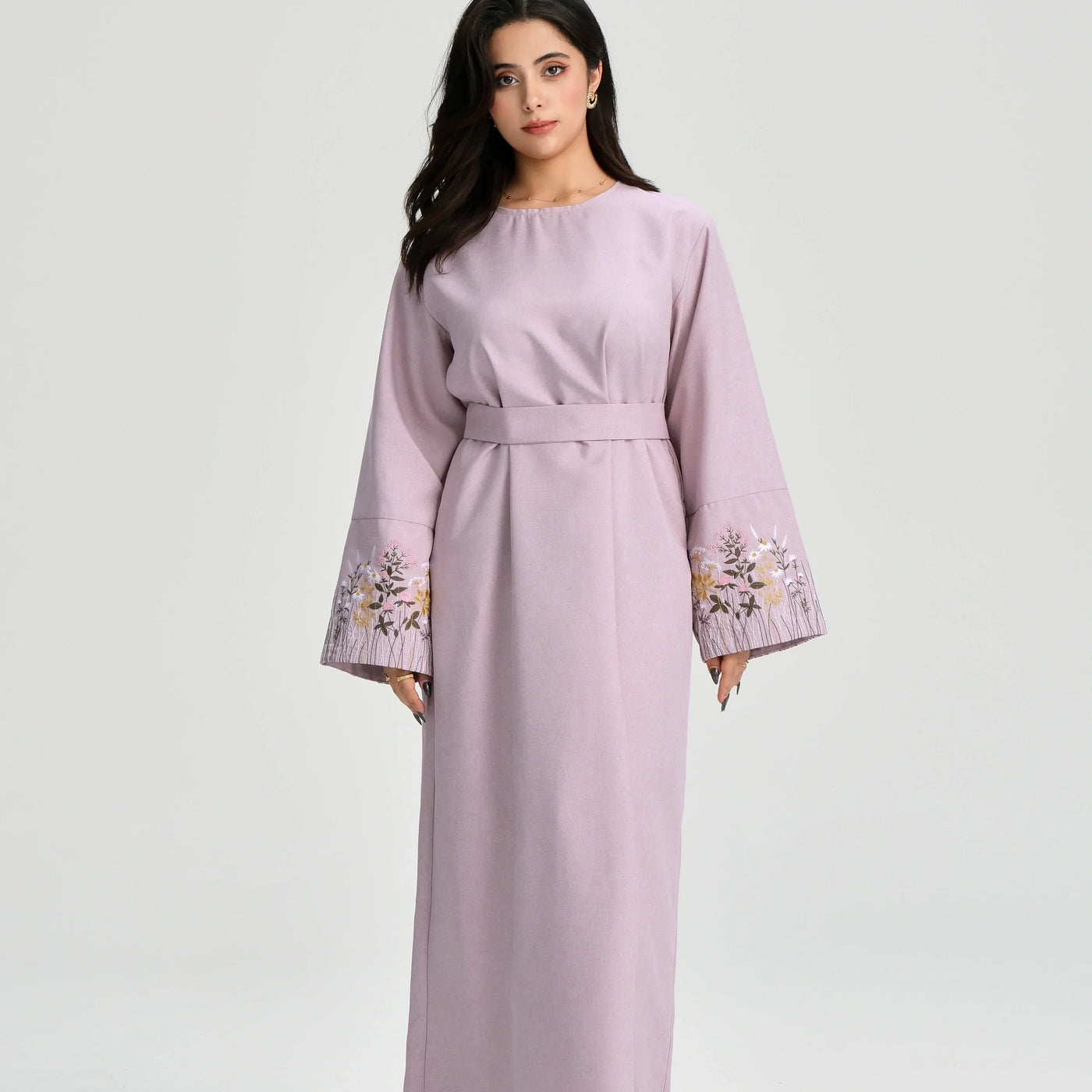 LM086 Floral Embroidery Ramadan Prayer Robe with Belt & Pockets | Modest Islamic Dress for Daily & Eid Wear - LM-Pink-S (52) LumosModesty