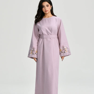 LM086 Floral Embroidery Ramadan Prayer Robe with Belt & Pockets | Modest Islamic Dress for Daily & Eid Wear - LM-Pink-S (52) LumosModesty