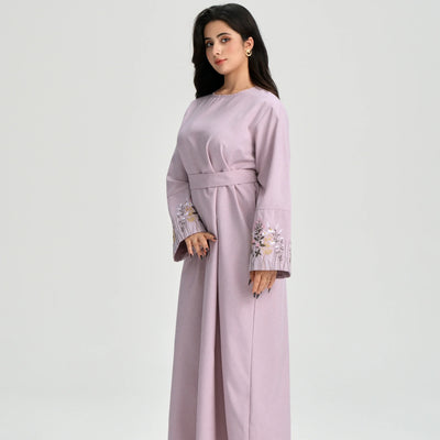 LM086 Floral Embroidery Ramadan Prayer Robe with Belt & Pockets | Modest Islamic Dress for Daily & Eid Wear - LM-Pink-S (52) LumosModesty