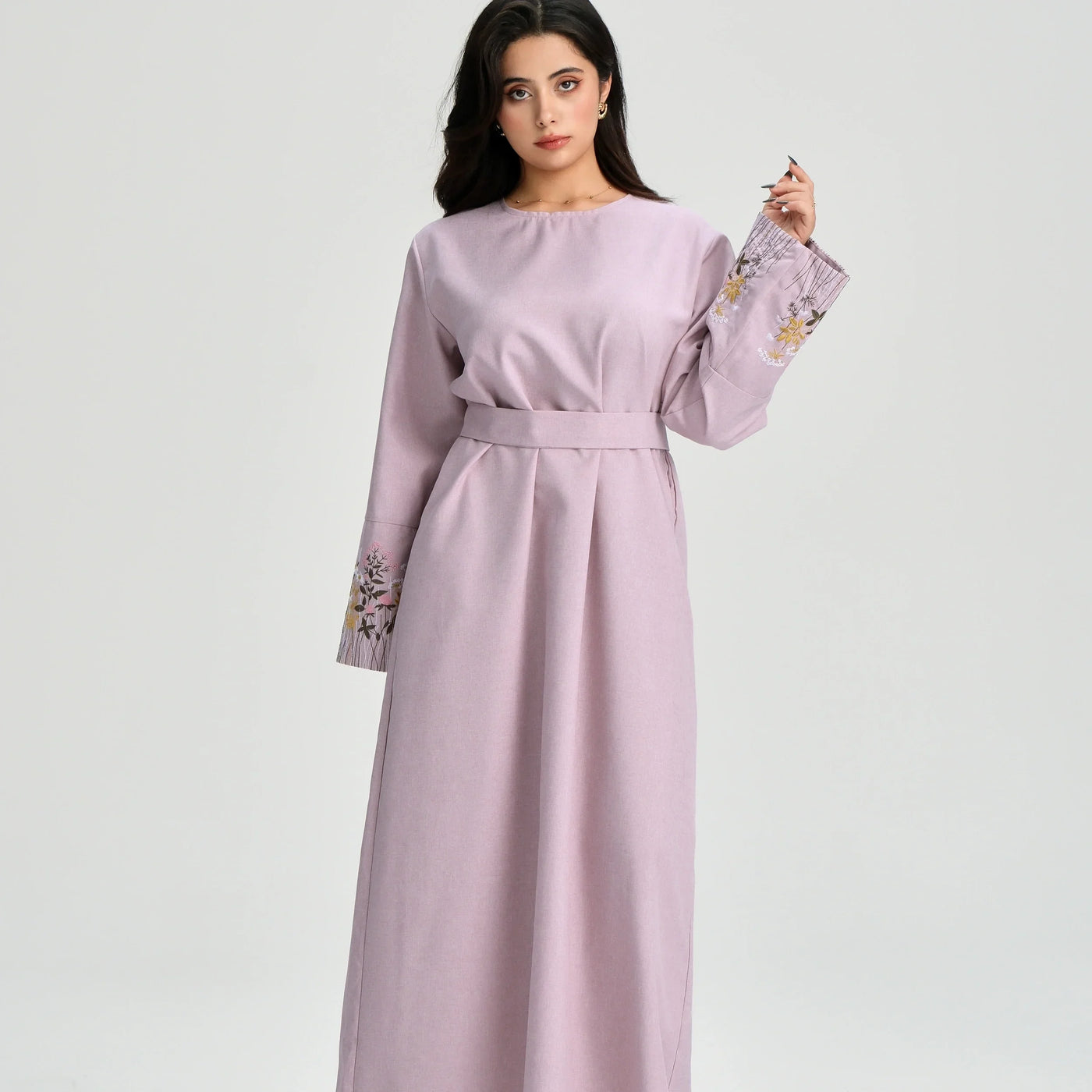 LM086 Floral Embroidery Ramadan Prayer Robe with Belt & Pockets | Modest Islamic Dress for Daily & Eid Wear - LM-Pink-S (52) LumosModesty
