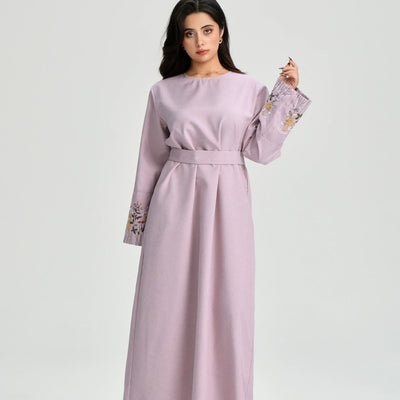LM086 Floral Embroidery Ramadan Prayer Robe with Belt & Pockets | Modest Islamic Dress for Daily & Eid Wear - LM-Pink-S (52) LumosModesty