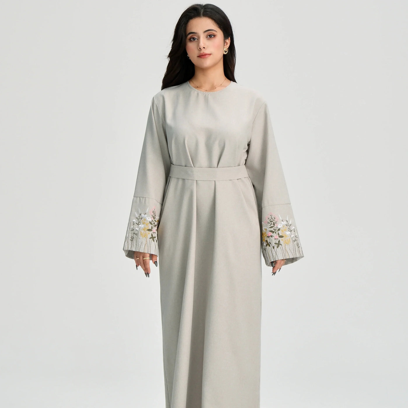 LM086 Floral Embroidery Ramadan Prayer Robe with Belt & Pockets | Modest Islamic Dress for Daily & Eid Wear - LM-Pink-S (52) LumosModesty