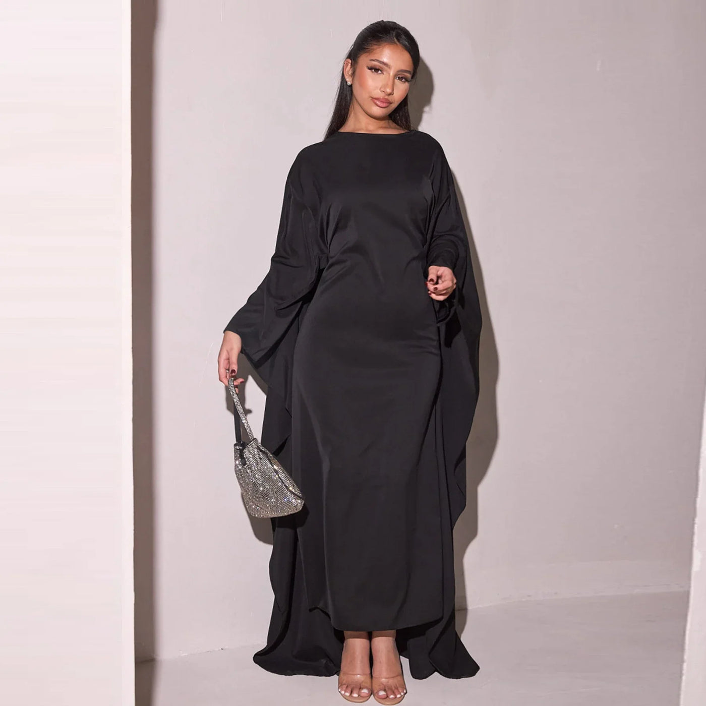 LM087 Silky Satin Cape Abaya Dress | Elegant Modest Eid 2025 Gown - LM087-Burgundy-1 LumosModesty
