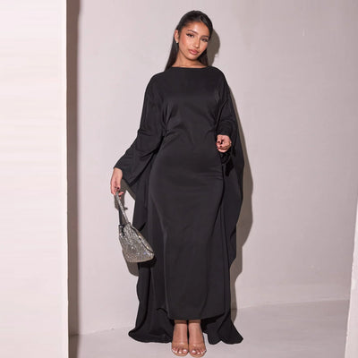 LM087 Silky Satin Cape Abaya Dress | Elegant Modest Eid 2025 Gown - LM087-Burgundy-1 LumosModesty