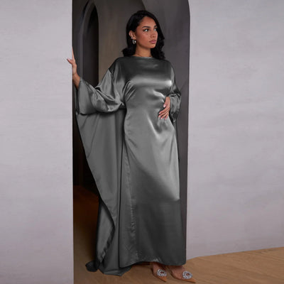 LM087 Silky Satin Cape Abaya Dress | Elegant Modest Eid 2025 Gown - LM087-Burgundy-1 LumosModesty