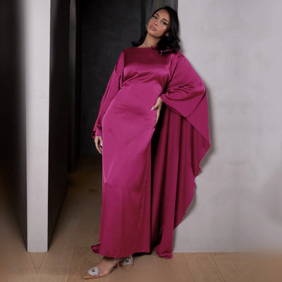 LM087 Silky Satin Cape Abaya Dress | Elegant Modest Eid 2025 Gown - LM087-Burgundy-1 LumosModesty
